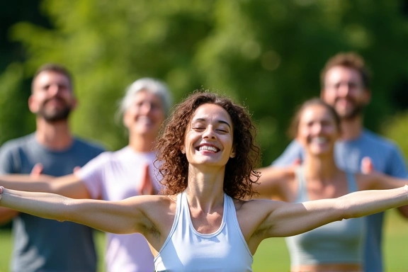 Grupo de personas sonriendo y haciendo yoga al aire libre