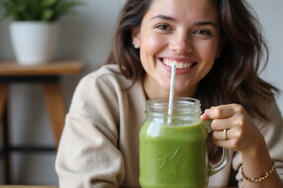 Mujer joven bebiendo un batido verde saludable