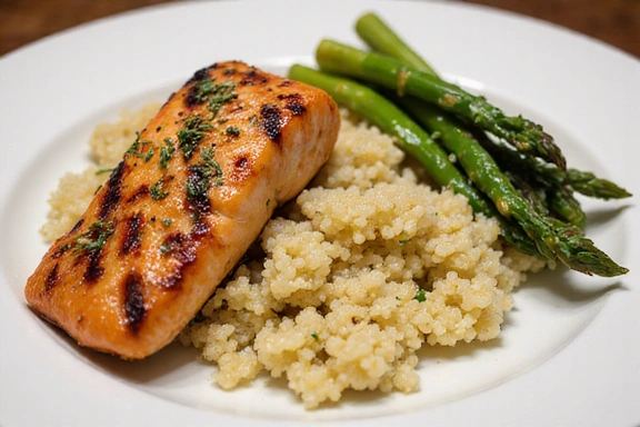 Plato colorido con salmón, quinoa y espárragos