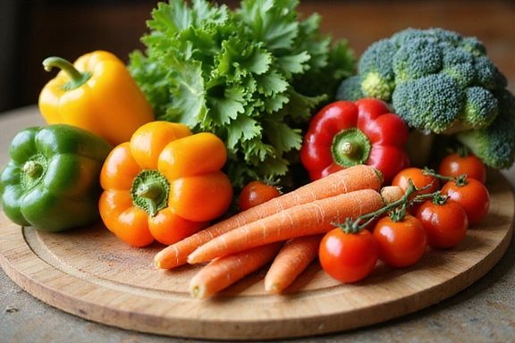 Variedad de vegetales frescos y coloridos en una tabla de cortar