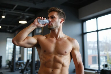 Un atleta en plena acción, con músculos definidos y un aspecto saludable, bebiendo agua después de un entrenamiento intenso en un gimnasio moderno.