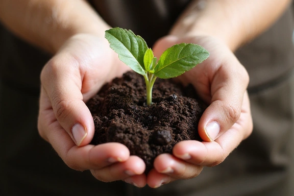 Manos sosteniendo una planta joven que crece de la tierra