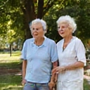 Pareja mayor sonriendo y caminando de la mano en un parque soleado, luciendo activos y felices.